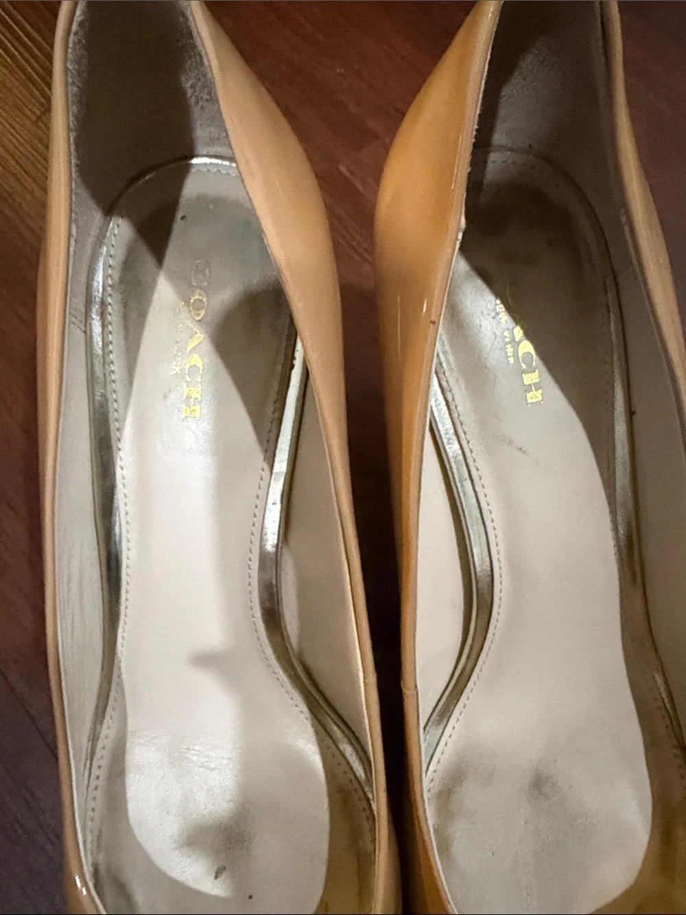 Coach Patent Leather Pointed Toe Pumps in Camel